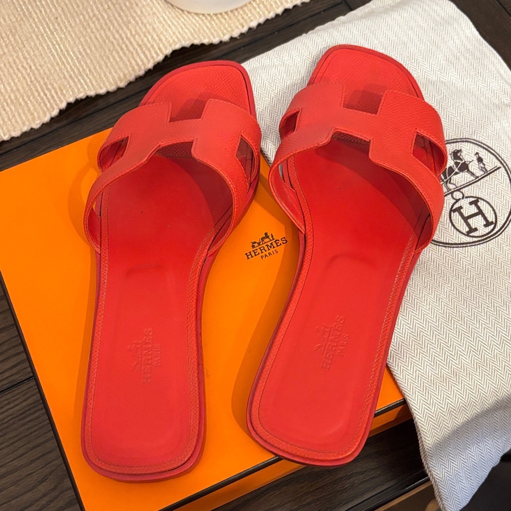 Hermes Vibrant Red Slide Sandals